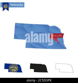 State of Nebraska blue Low Poly map with capital Lincoln, versions with flag, black and outline. Vector Illustration. Stock Vector