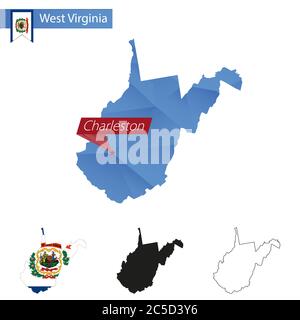 State of West Virginia blue Low Poly map with capital Charleston, versions with flag, black and outline. Vector Illustration. Stock Vector