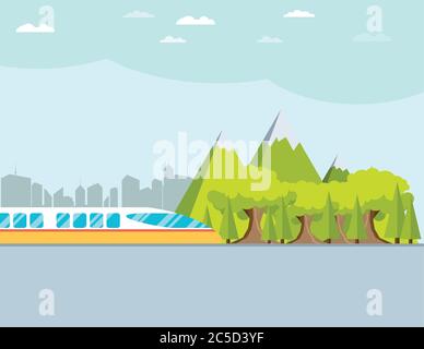 Train on railway with forest and mountains background. Flat style vector illustration. Stock Vector