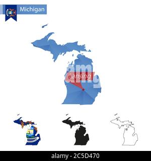 State of Michigan blue Low Poly map with capital Lansing, versions with flag, black and outline. Vector Illustration. Stock Vector