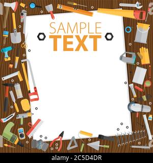 Repair and construction illustration with working tools. Place for text. Stock Vector