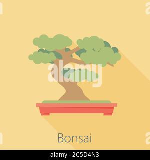 Vector illustration long shadow flat icon of bonsai tree Stock Vector