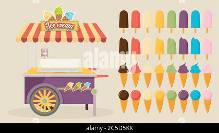 Set of ice-cream icons and ice-cream shopping cart. Flat style design. Vector illustration. Stock Vector