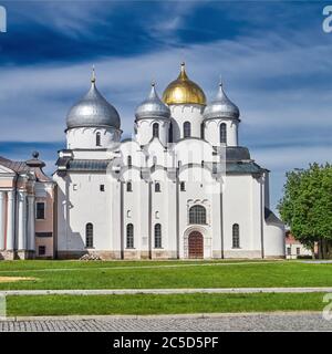 Cathedral of St. Sophia the Wisdom of God in Veliky Novgorod, Russia. Ancient church in the Detinets or Kremlin in Veliky Novgorod, Russia. Travel con Stock Photo