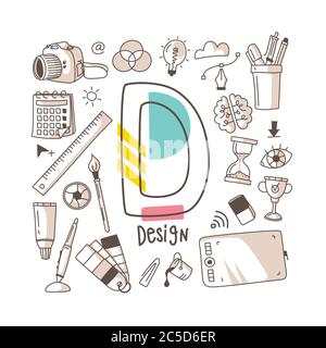 Letter D - Design, cute alphabet series in doodle style, vector illustration Stock Vector