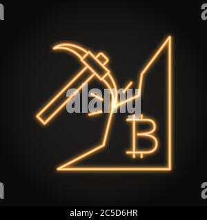 Bitcoin mining icon in neon line style. Cryptocurrency production concept. Vector illustration. Stock Vector