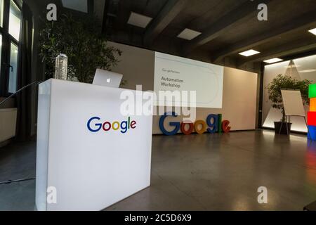 BUCHAREST, ROMANIA - FEBRUARY 12, 2020: Google Partners logo in front of a stand promoting Google Ads automation strategies, aimed at automating biddi Stock Photo