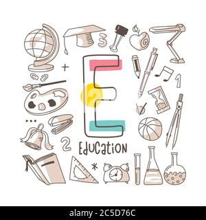 Letter E - Education, cute alphabet series in doodle style, vector illustration Stock Vector