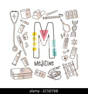 Letter M - Medicine, cute alphabet series in doodle style, vector illustration Stock Vector