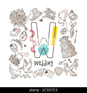 Letter W - Wedding, cute alphabet series in doodle style, vector illustration Stock Vector