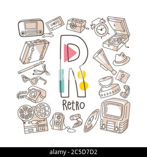 Letter R - Retro, cute alphabet series in doodle style, vector illustration Stock Vector