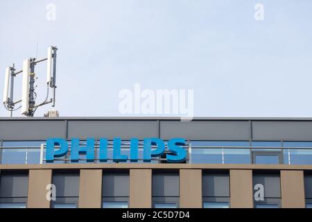 PRAGUE, CZECHIA - NOVEMBER 1, 2019: Philips logo in front of their main office for Prague.Philips is a Dutch conglomerate specilized in technology and Stock Photo