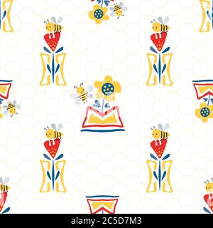 Vector Kawaii honey bee with sunflower, tulips in aztec motif flower pots on honeycomb background. Seamless pattern. Cute bugs and floral backdrop Stock Vector