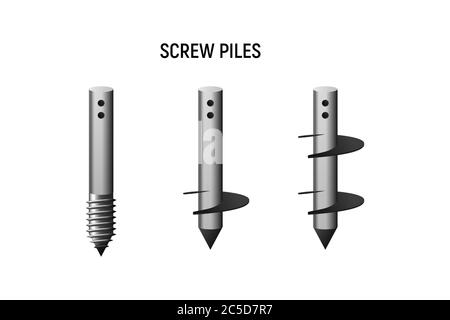 Types of screw piles. Construction foundation set. Vector illustration. Stock Vector