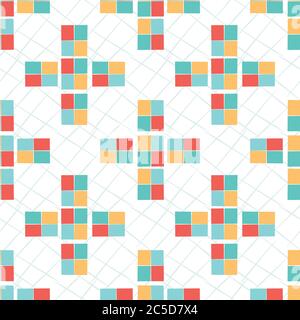 Geometric mosaic style vector seamless pattern background. Colorful modern tiled crosses on scribble texture backdrop. Bright yellow, teal, red and Stock Vector