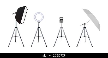 Soft box and umbrella reflectors, flash and circular speed light. Photo flash equipment. Vector illustration. Spotlight softbox. Stock Vector