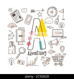 Letter A - Advertising, cute alphabet series in doodle style, vector illustration Stock Vector