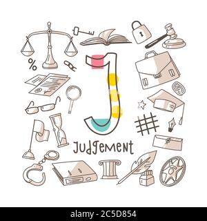 Letter J - Judgement, cute alphabet series in doodle style, vector illustration Stock Vector