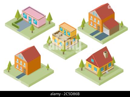 Private house real estate decorative icons set 3d isometric isolated ...