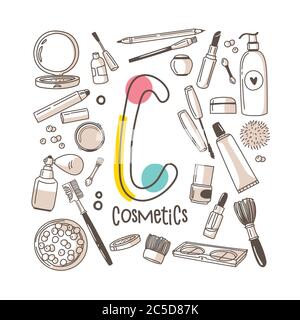 Letter C - Cosmetics, cute alphabet series in doodle style, vector illustration Stock Vector