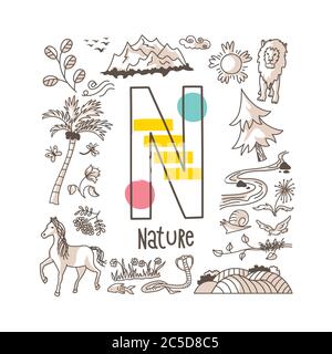 Letter N - Nature, cute alphabet series in doodle style, vector illustration Stock Vector