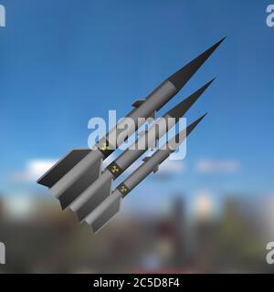 A nuclear missile flies in the sky. Vector illustration. technology war. Stock Vector