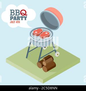 Grill bbq party isometric background with back yard landscape and ...