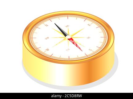 Isolated realistic golden color metallic compass icon on a white background. Isometric view. Vector art illustration. Stock Vector