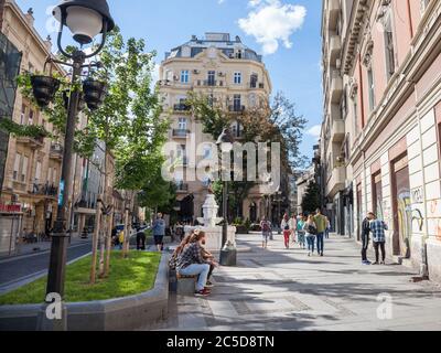 BELGRADE, SERBIA - JUNE 23, 2018: People walking and sitting, relaxing, on the pedestrian street of Cara Lazara, in Stari Grad, the historical downtow Stock Photo