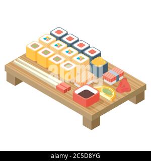 Sushi, Japanese cuisine. Asia food icon set with sushi rolls sashimi. Isolated vector illustration flat design. Stock Vector