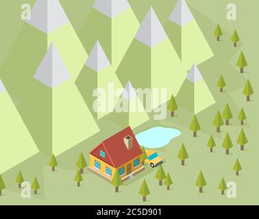 Landscape with house and trees in the isometric Stock Vector