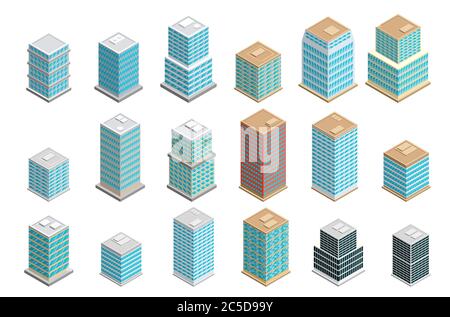 A vector illustration of modern sate of the art office buildings. Isometric Office building icons. Urban city building set. Stock Vector