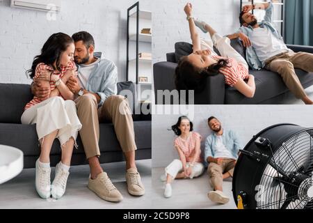 Collage of young couple suffering from heat and feeling cold in living room Stock Photo