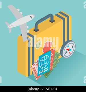 isometric travel with airplane illustration design concept background. eps10 vector Stock Vector