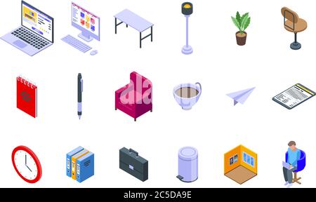 Home office icons set, isometric style Stock Vector