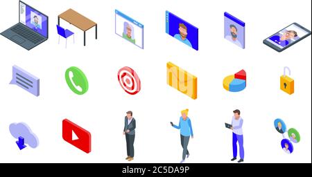 Online meeting icons set, isometric style Stock Vector