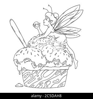 Beautiful fairy lies on balls of ice cream. Outline black and white art. Food art, summer refreshing concept, traditional seasonal cold sweets. Colori Stock Vector