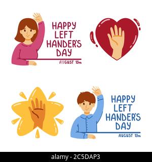 Happy international left handers day. August 13. Set of elements for greeting card. Hand in the star and heart. Vector flat illustration. Boy and girl Stock Vector