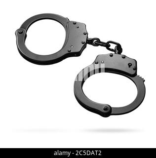 Locked police handcuffs on a black background with text / writing Stock ...