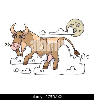 Cow resting on the clouds and looking at the moon. Relax and dreaming. Funny, humor, cartoon animal illustration. Stock Vector