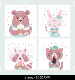 Set of cute funny cartoon summer animals. Bear, rabbit, raccoon and cat eating ice cream, licking popsicle, cone. Vector flat hand drawn illustration. Stock Vector