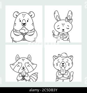 Set of cute funny cartoon summer animals. Bear, rabbit, raccoon and cat eating ice cream, licking popsicle, cone. Vector outline hand drawn illustrati Stock Vector