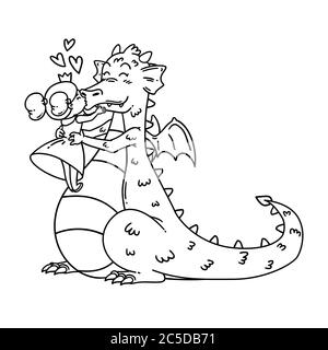 Little princess kisses a dragon in the nose. Fairy tale children illustration. Happy Valentine's day Card. Outline black and white art for coloring pa Stock Vector