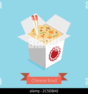 Chinese restaurant opened take out box filled with noodles Stock Vector