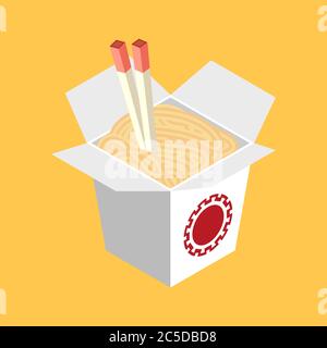 Chinese restaurant opened take out box filled with noodles Stock Vector