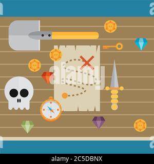 Pirate Icon Symbol Wood Table Background Concept. Flat Design Vector Illustration Stock Vector