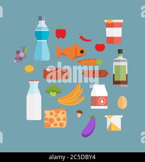 Online supermarket foods flat concept of grocery or butchery design elements with meat fish fruits and vegetables vector illustration Stock Vector