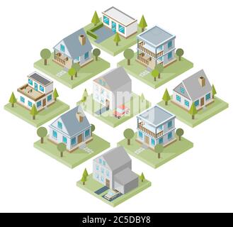 Private house real estate decorative icons set 3d isometric isolated vector illustration Stock Vector