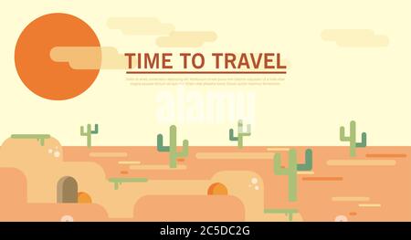 Flat style land scenic sunny summer desert wild west dune waste vector template. Landscapes vector illustration collection. Stock Vector