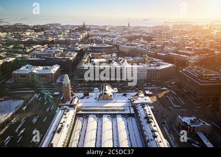 Helsinki, Finland - February 20, 2018: Aerial view of the Central railway station and city center in winter. Stock Photo